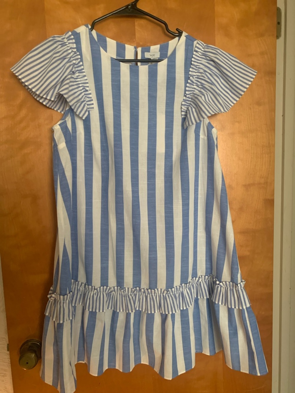 Voy Ladies Blue/White Striped Ruffle Hem Dress NWT Size M